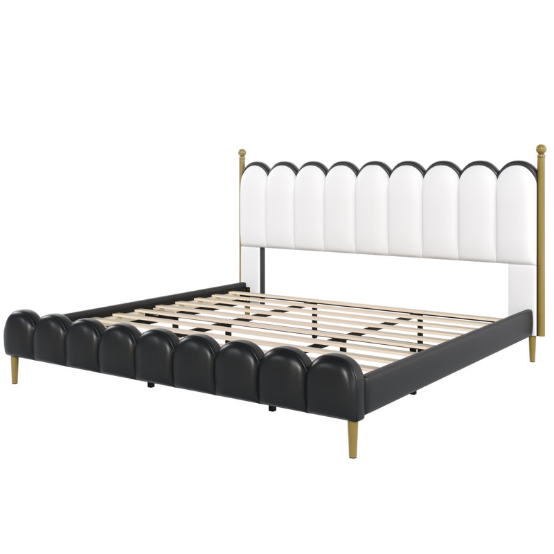 Zechariah PU Leather Upholstered Platform Bed, White/Black, King
