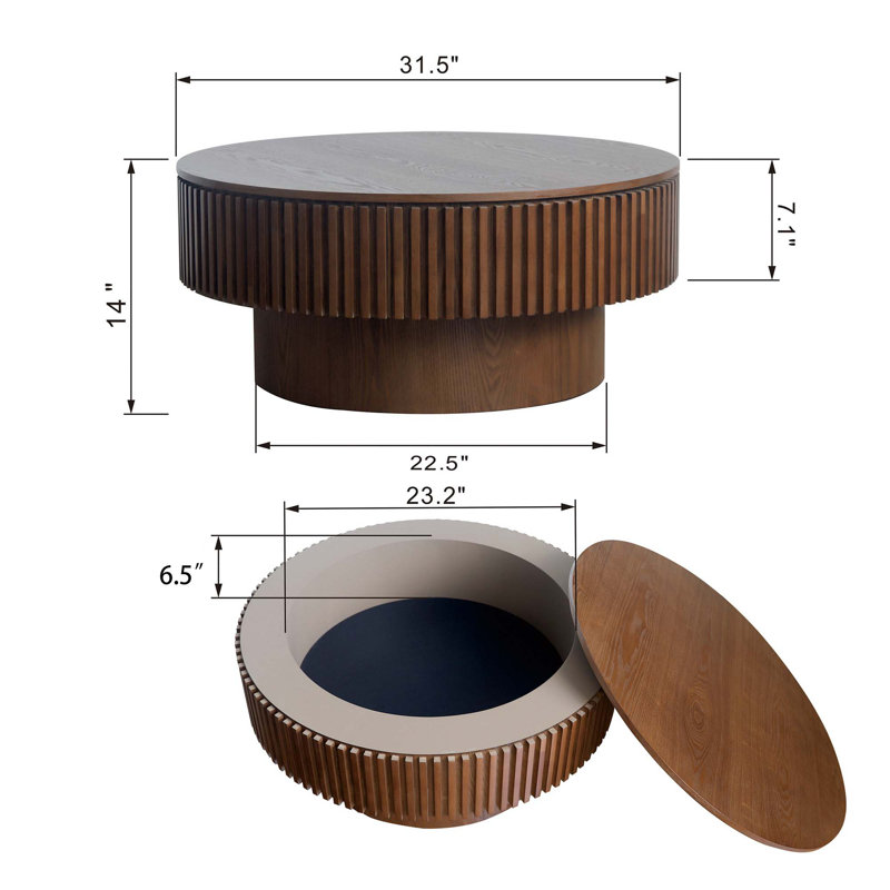 31.5" Modern Round Coffee Table With Storage Solid Wood Veneered Coffee Table Accent Tea Table, Walnut