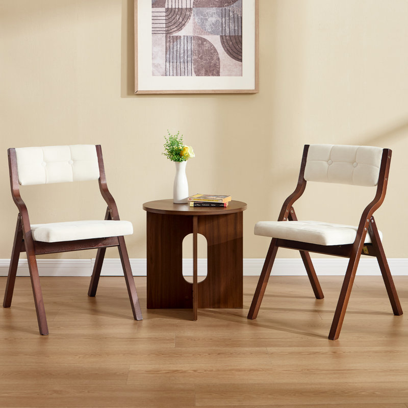 Elegantly Designed Foldable Chair With Solid Wood Frame And Button-Tufted Upholstered Backrest And Seat, Beige/Walnut