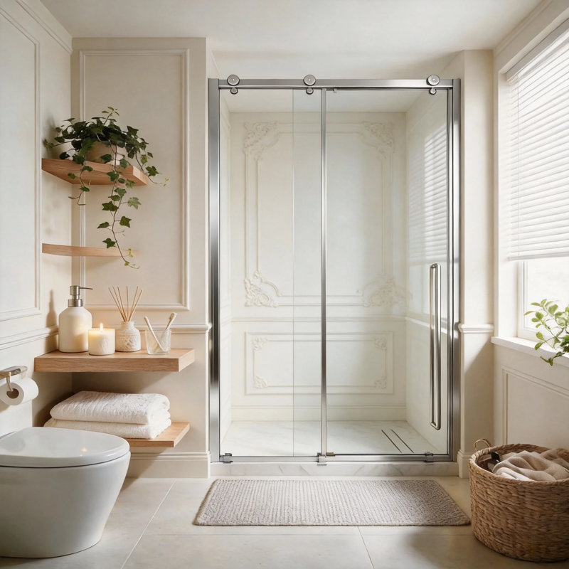 Porte de douche coulissante sans cadre, 122 cm (L) x 193 cm (H), fini argent brossé, verre trempé 8 mm, Nickel brossé