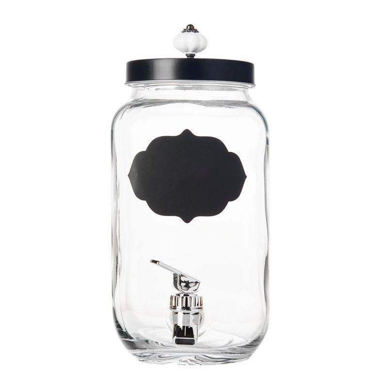 Distributeur de boisson en verre 1 gallon Manchester avec couvercle et bouton en céramique, robinet en acier inoxydable, outil de serrage et tapis anti-éclaboussures