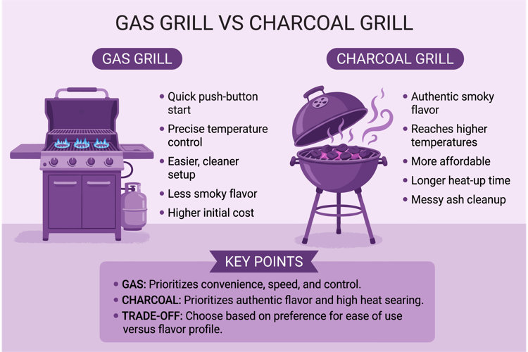 Gas grill vs charcoal grill comparison infographic highlighting gas grills for convenience and temperature control and charcoal grills for smoky flavor and high heat