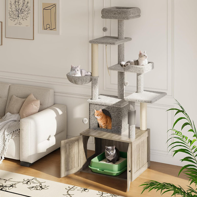 Enceinte de litière pour chat avec arbre à chat, poteau à griffer et hamac - Meuble de litière caché, Gris