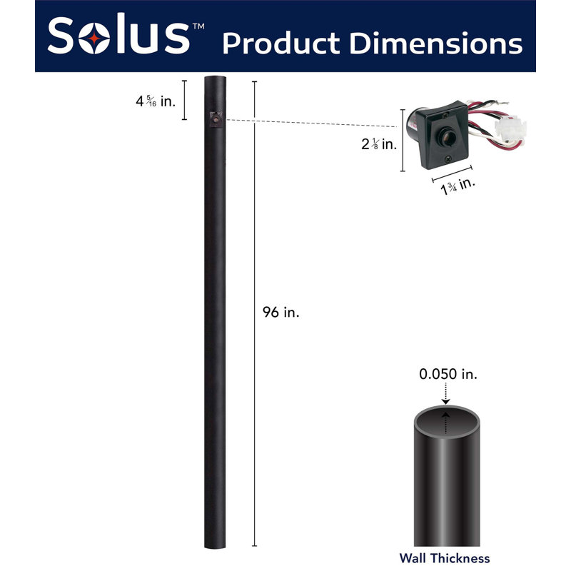 Solus 7, 8, or 10 ft. Direct Burial Lamp Post with Dusk-to-Dawn Photocell Sensor, Black, 96" H x 3" W x 3" D