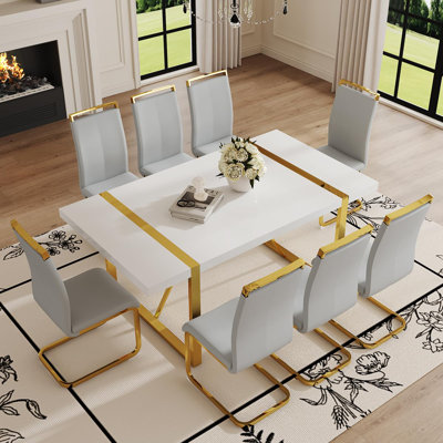 71" Modern Dining Room Table Set, High Gloss Kitchen Table With Chairs, Faux Leather Seats With Gold Metal Legs