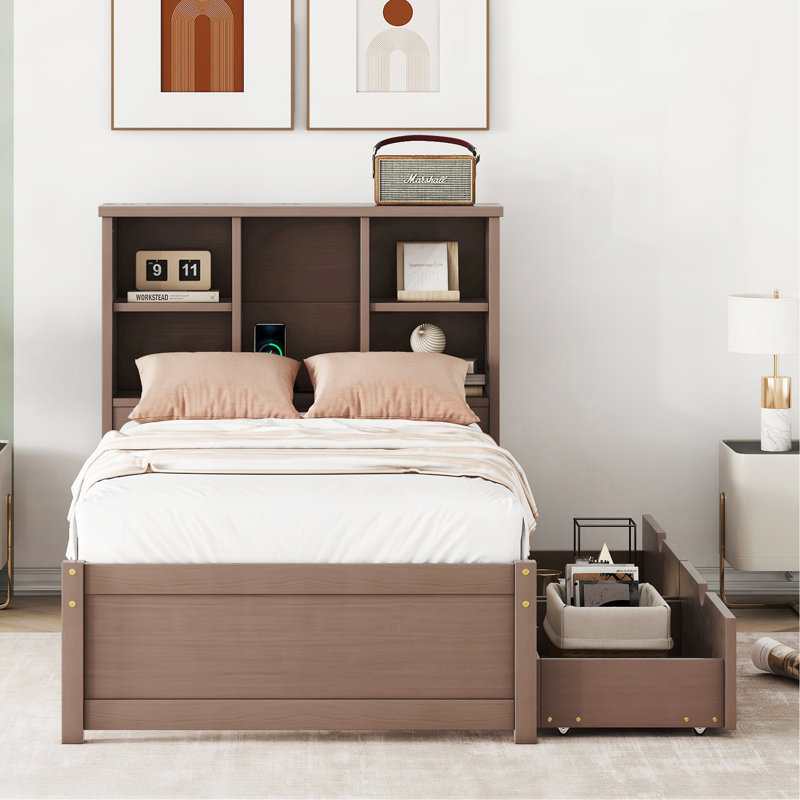 Cadre de lit simple moderne avec port USB intégré sur la tête de lit et 2 tiroirs couleur noyer, Noyer