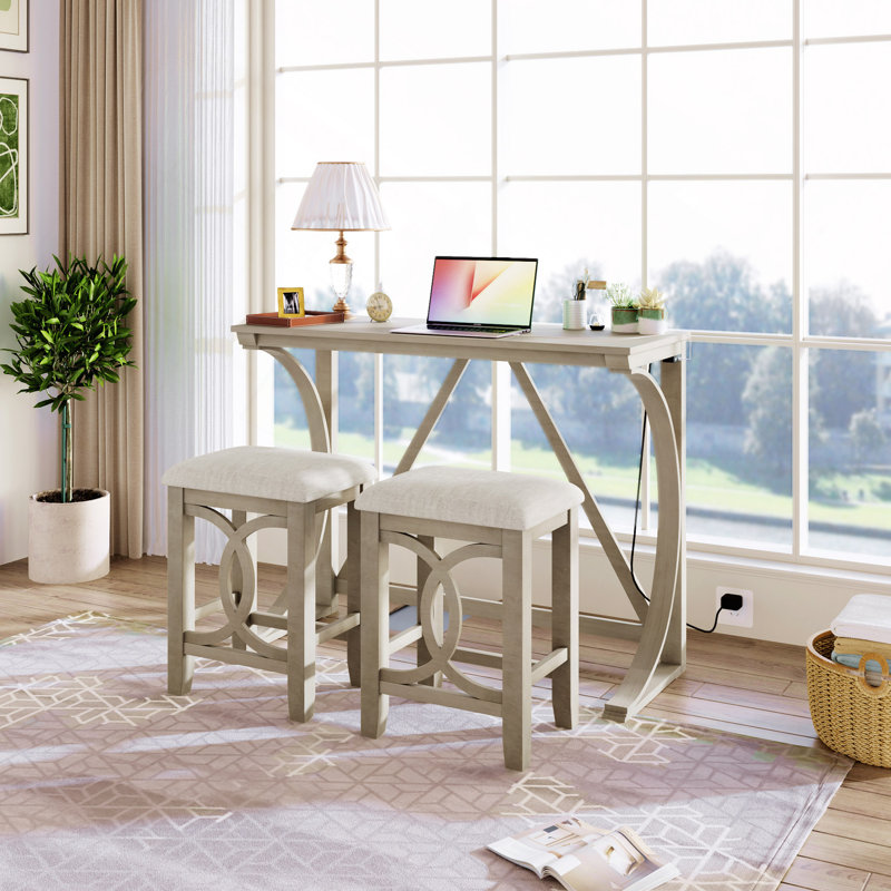 Ensemble de table de salle à manger à hauteur de comptoir 3 pièces Farmhouse avec port USB et tabourets rembourrés, White