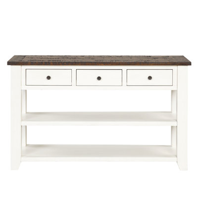 48'' Solid Pine Wood Top Console Table, Modern Entryway Sofa Side Table with 3 Storage Drawers and 2 Shelves. Easy to Assemble