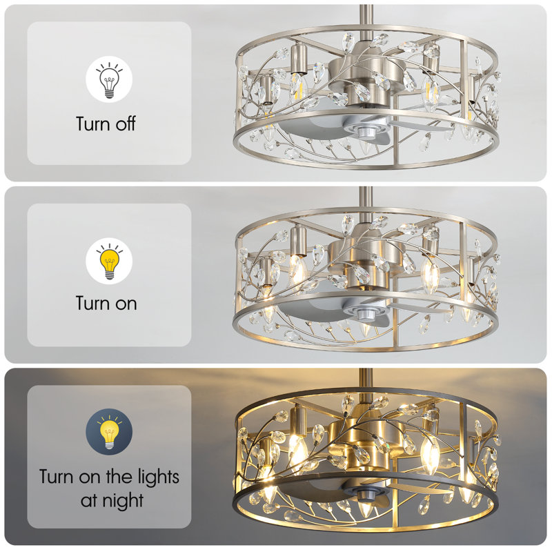 Sylvia 20" Caged Crystal Ceiling Fan With Remote Control and Light Kit Included, Satin Nickel
