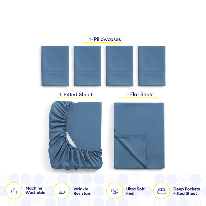 Luxurious Soft Microfiber Sheet Set with Bonus Pillowcases, Denim, King Sheet Set with 4 Pillowcases