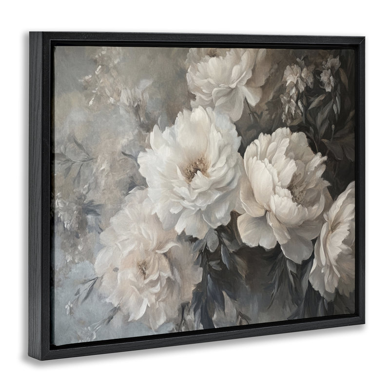 "White Florals", art mural rétro par Petal Prints Design, Cadre flottant noir de jais, H 17 po x l 21 po