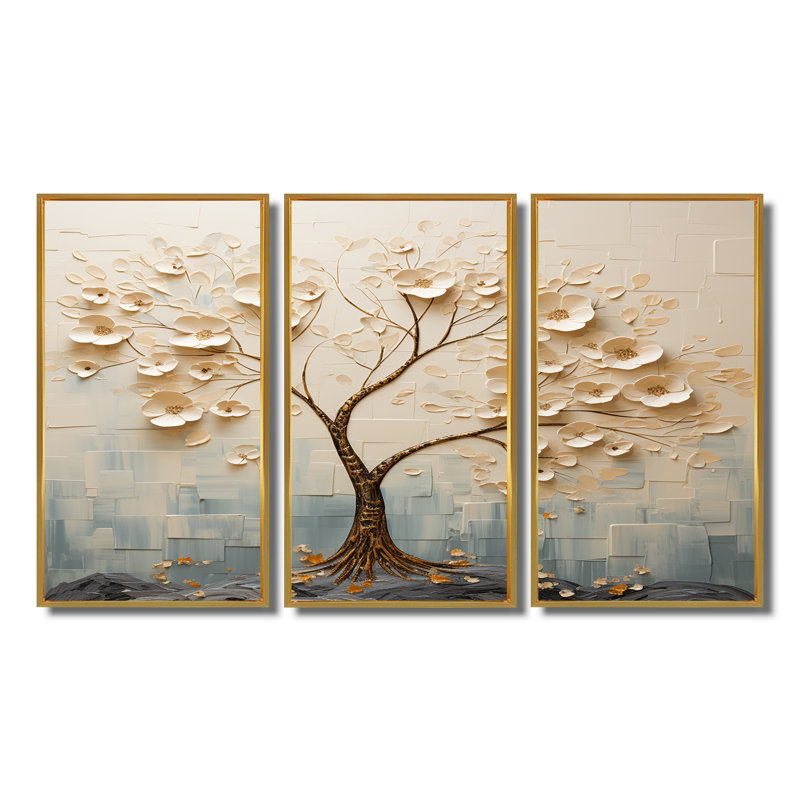 Arbre avec fleurs blanches Morning Glory - ensemble de reproductions d'art mural arbre floral, Cadre flottant noir
