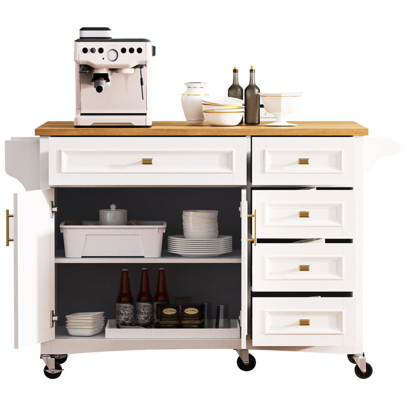 52'' Kitchen Island With Drop Leaf And Wheels. White, Design, Spice Rack, Towel 2 Doors, 5 Drawers, Adjustable Shelf For Elegant Modern Luxury Coastal On Wheels Storage. White Finish, Texture,