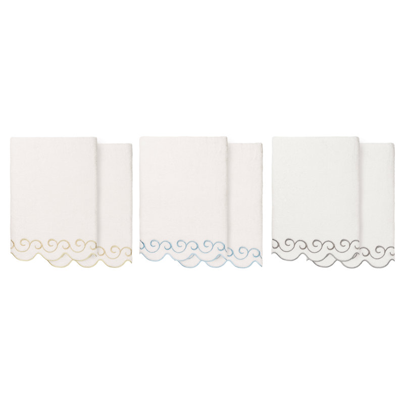  100% Turkish Cotton SIMPLICITY Scallop 2PC Embellished Bath Towel Set, White/Gray, Bath Towel - 2 Pack