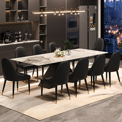 Ensemble de table de salle à manger moderne pour 8 à 10 personnes avec 78,7 po à 110 po de dessus en faux marbre extensible et 10 chaises en cuir de polyuréthane