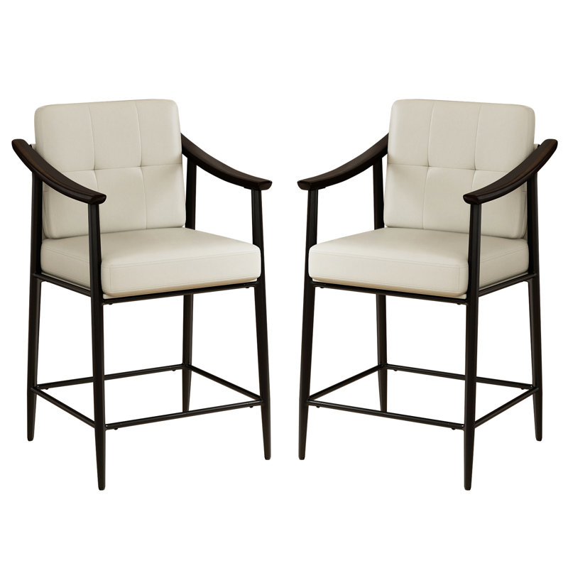 26-inch Medieval Style Bar Stool, Wooden Armrests, Sturdy Thickened Metal Frame, Classic High Stool, Ivory White Leather, 2