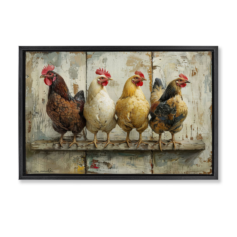  Chickens In A Row Canvas by LSR Design Studio, Jet Black Floater Frame, 17" H x 25" W
