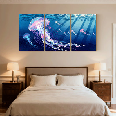 Jellyfish Underwater Ocean Scene Art Print Set of 3 Canvas Wall Art Prints