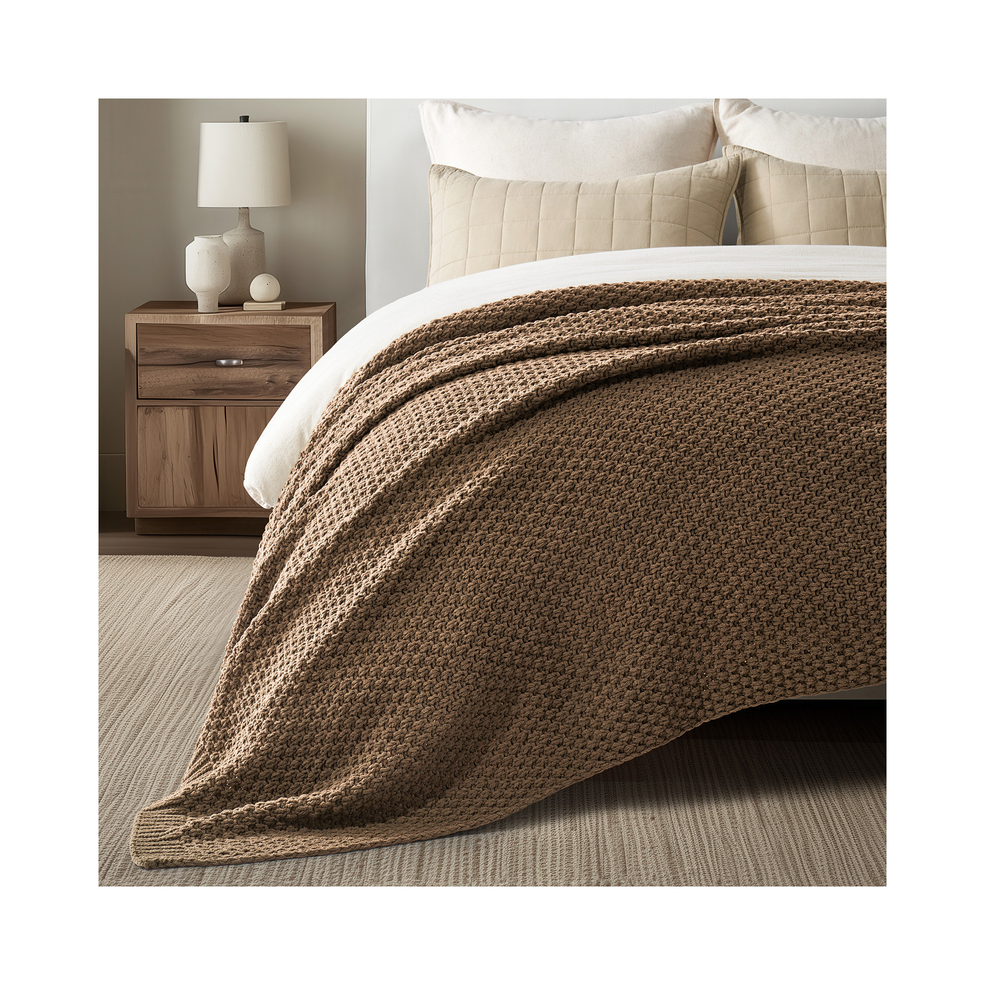 Chunky Chenille Knit Throw Blanket, Camel Brown, 90" L x 90" W