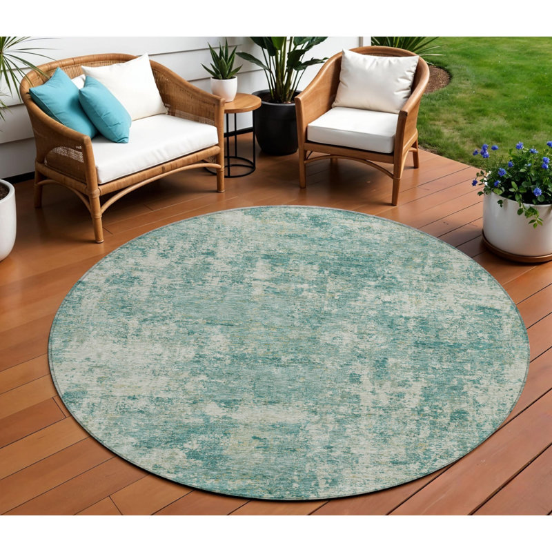 Tapis extérieur rond lavable abstrait bleu sarcelle et beige 8 pi 8 po