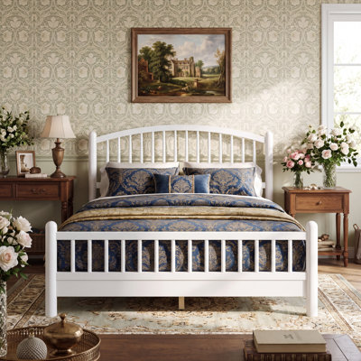 Queen Solid Wood Bed Frame with Curved Headboard, Rubberwood Platform Bed, No Box Spring Needed, Quiet Support, Easy Build, White