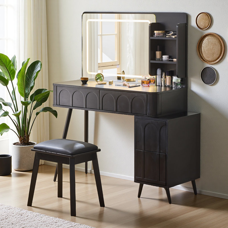 Meuble-lavabo moderne avec lumières DEL et miroir, ensemble de coiffeuse 4 tiroirs avec tabouret, luminosité à intensité variable de 3 couleurs, peu encombrant pour la chambre à coucher