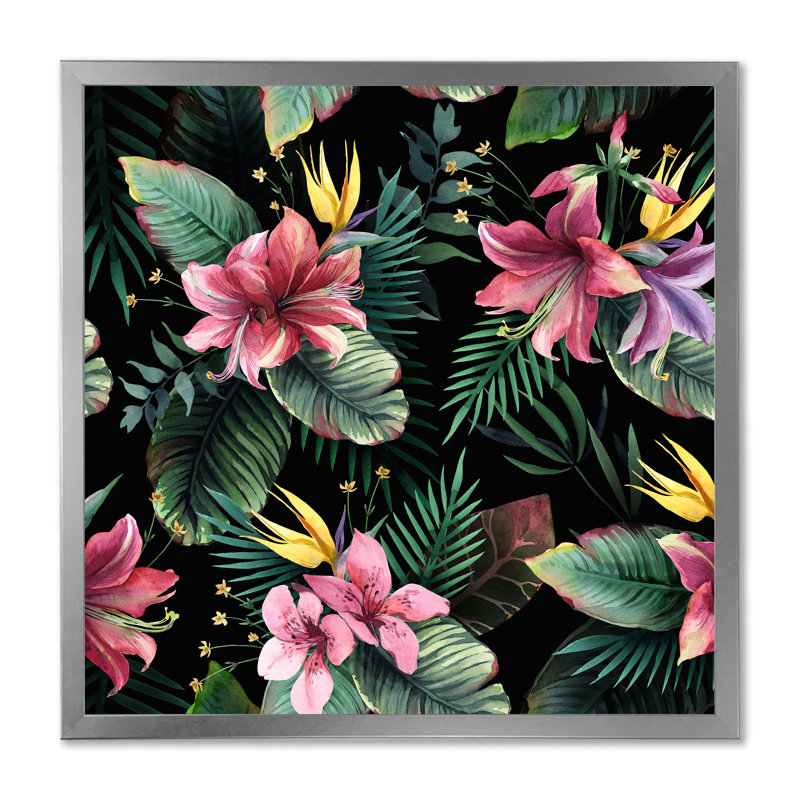 Fleurs tropicales roses sur fond noir - Décoration murale traditionnelle en bois, Cadre photo argenté