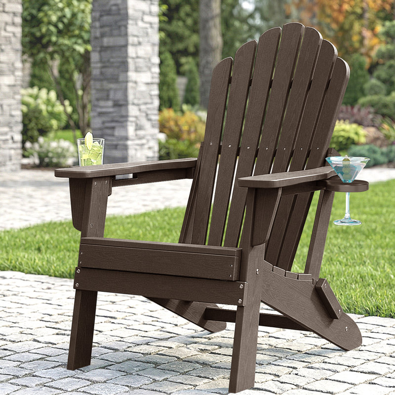Folding HDPE Adirondack Chair with Dual Cup Holders – All-Weather Outdoor Patio Chair, Coffee