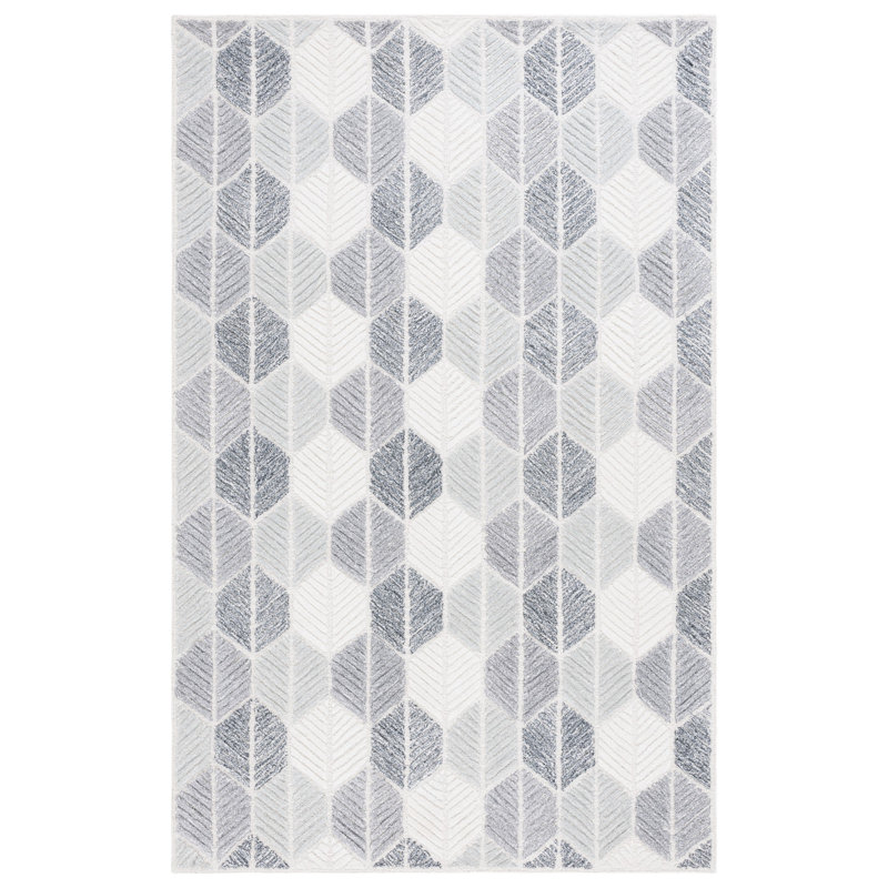 Reaksmey Hand Tufted Wool Viscose Cotton with Latex Geometric Rug in Gray/Ivory, Rectangle 4' x 6'