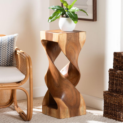 Bali & Pari Rapha Suar Wood Accent Table - Hand-Carved Sculptural Pedestal Stand With Twist Design, Modern Boho Side Table For Living Room Or Entryway, 29.5" Tall