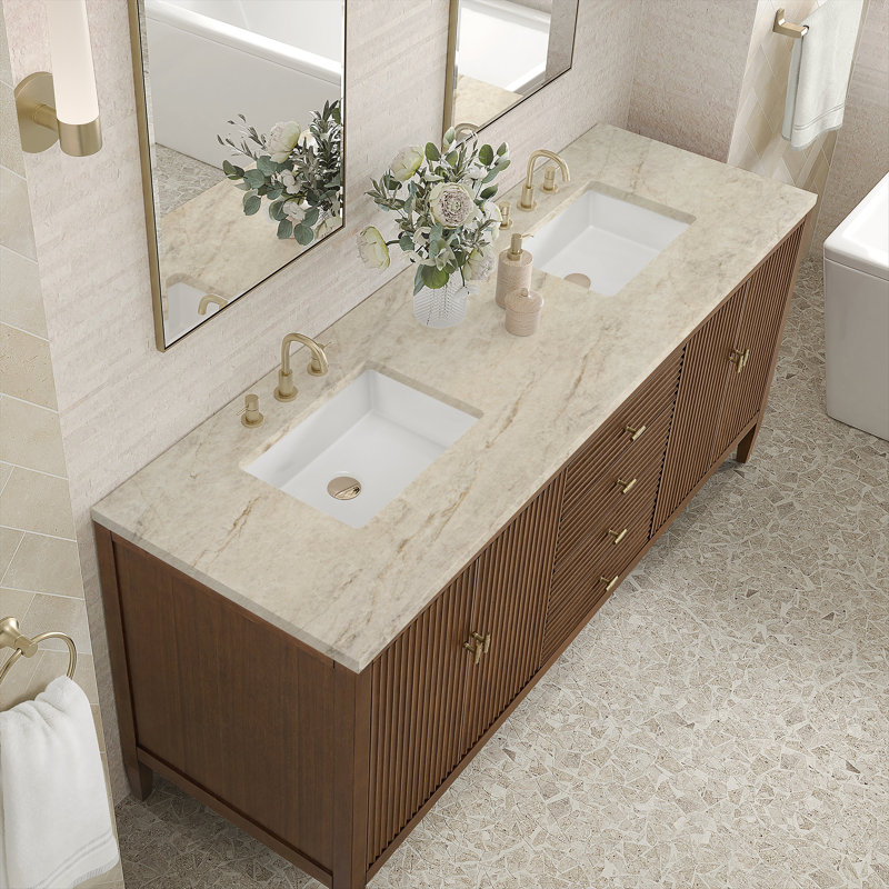 Myrrin 72'' W Double Vanity, Mid-Century Walnut, White Zeus, Single-Hole