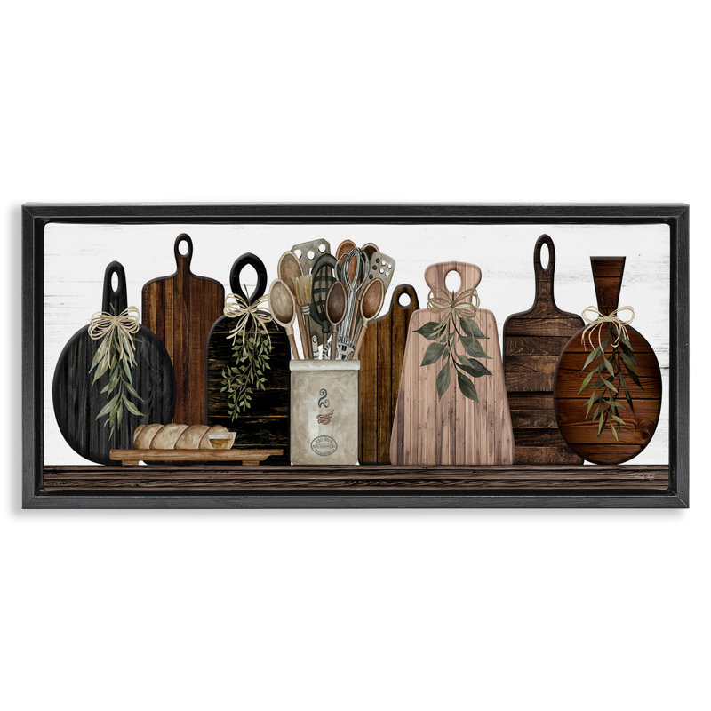 Wooden Kitchen Items Black Framed Floater Canvas Wall Art by Cindy Jacobs, Jet Black Floater Frame, 14" H x 31" W