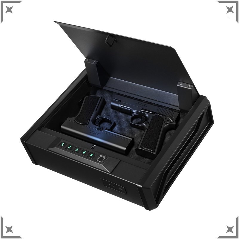 Heavy Duty Safe With Pry Design Fingerprint Password Key 3 Way Quick Access For 2 Pistols Magazines High Density Foam Bedside