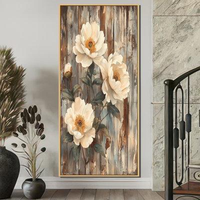 Pe pivoines par la porte de grange III - pivoines, reproduction d'art sur toile encadrée