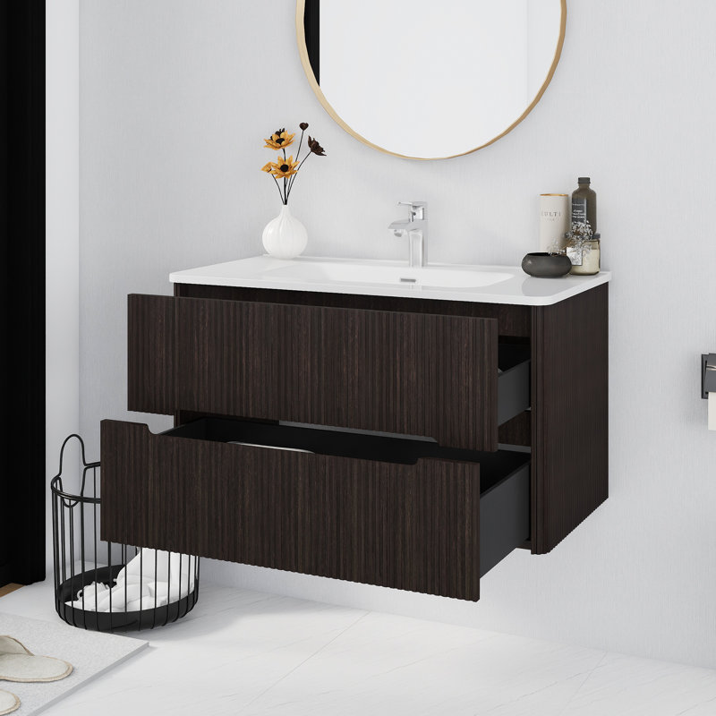 Armoire de salle de bain murale à rayures verticales de 36 po de couleur brun foncé à fixation verticale | Bassin en céramique intégré | Tiroirs doubles | Rail silencieux à fermeture en douceur | Charnière à fermeture en douceur