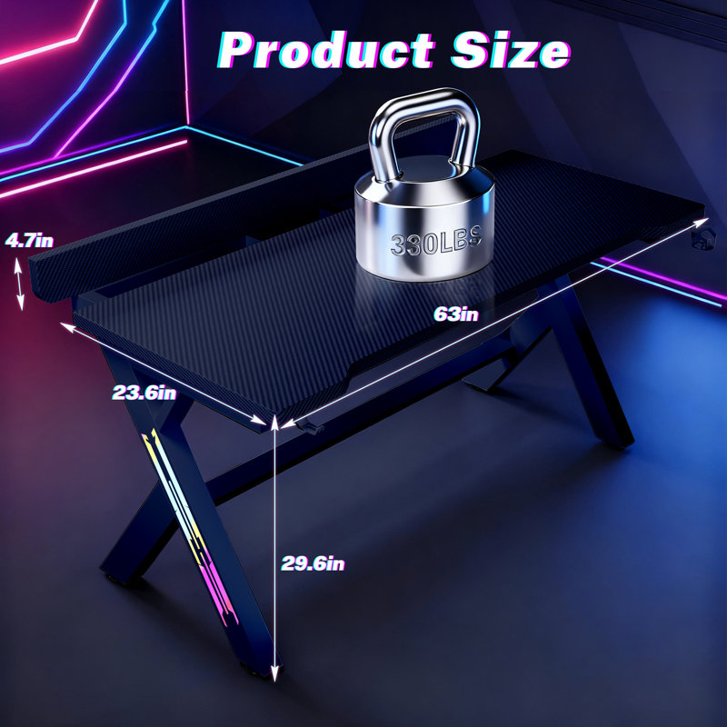 Table d'ordinateur Gaming, H 30 po x l 63 po x P 30 po, Noir
