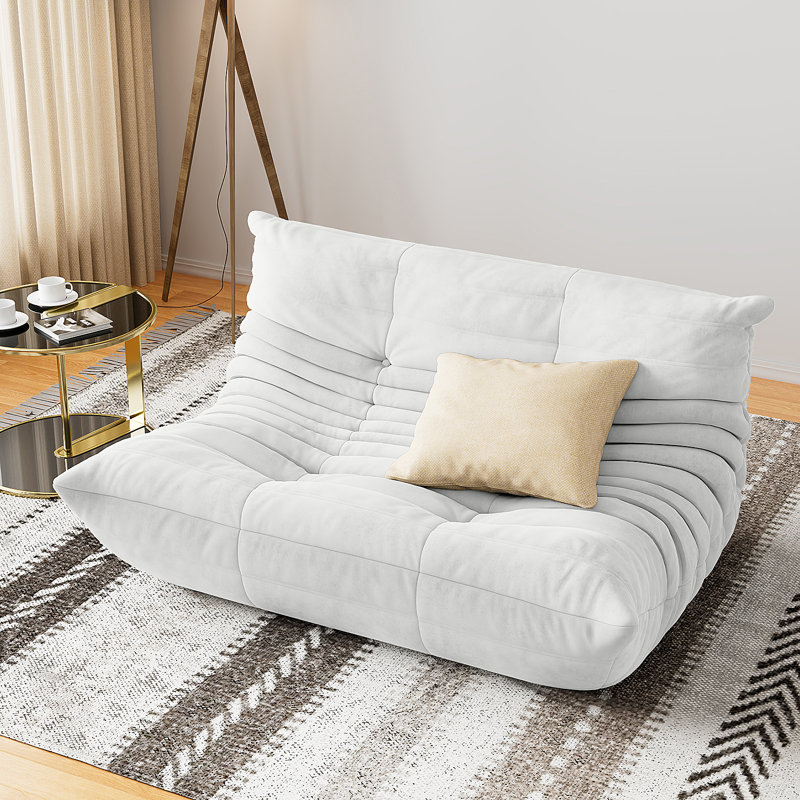 Armless 3-Seat Togo Three Seater Large Bean Bag Sofa, White Microfiber/Microsuede, 28" H x 69" W x 40" D
