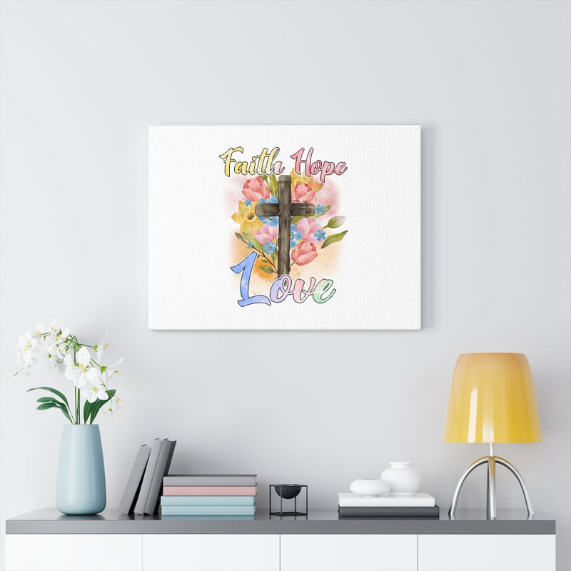 Faith, Hope, Love Cross Flowers - Wrapped Canvas Print, 30cm H x 41cm W
