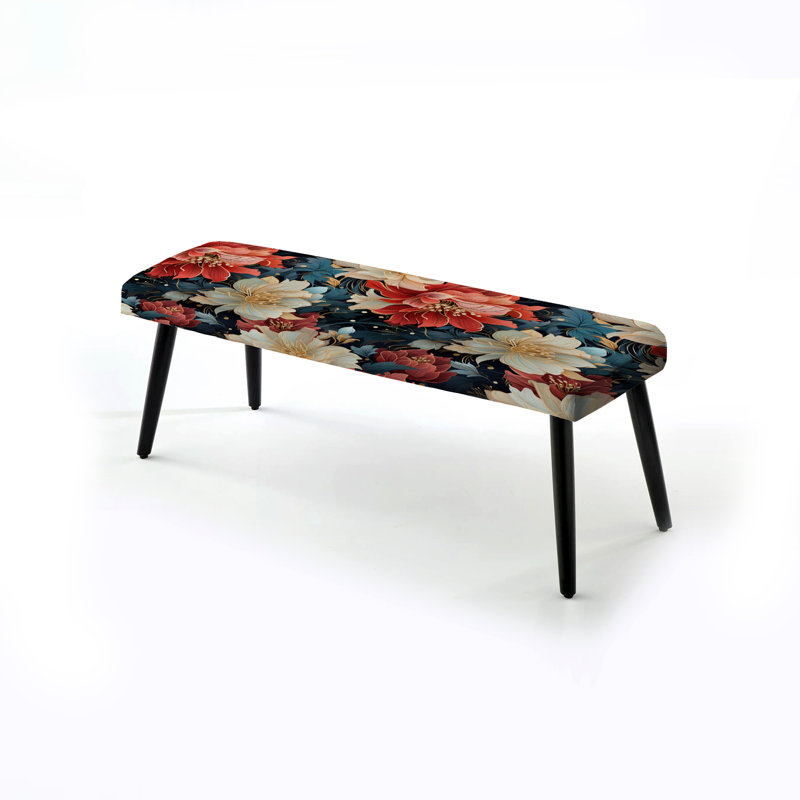 Banc rembourré floral noir, Délice floral fusion rouge et or contemporain