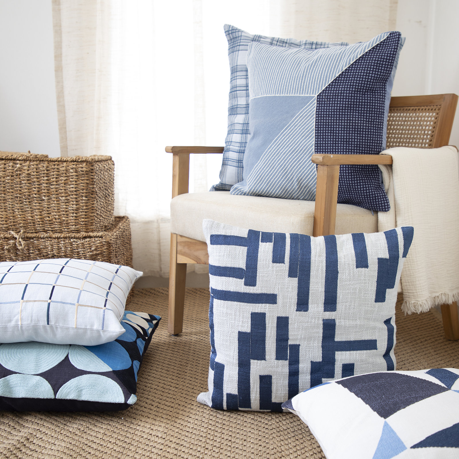 Checkered Cotton Throw Pillow, 20" x 20", Blue/Ivory/Gray, Polyester/Polyfill
