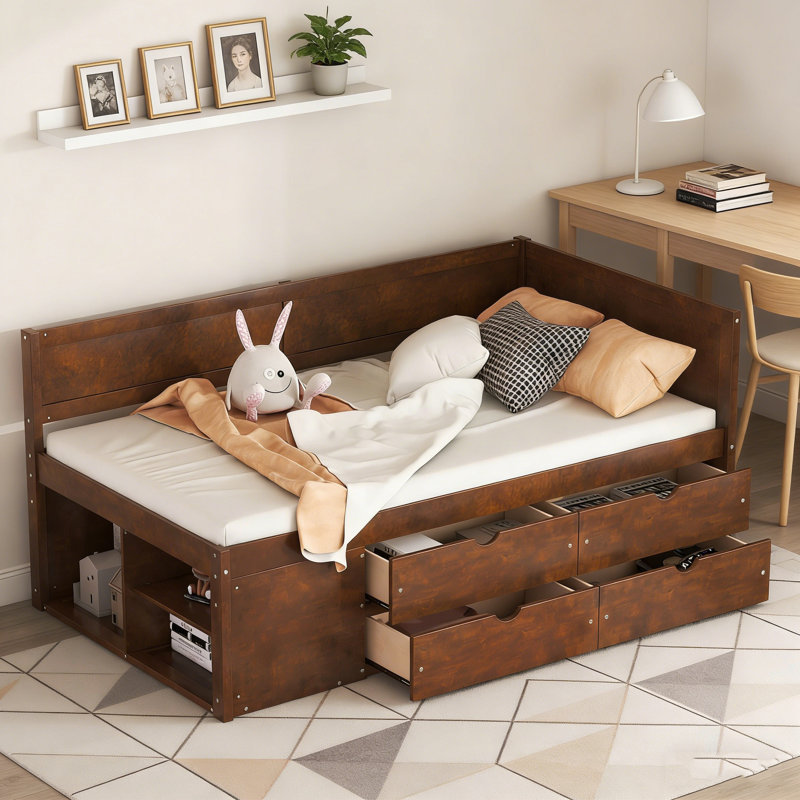 Lit de jour simple avec tiroirs et tablettes, noyer, Noyer, Simple