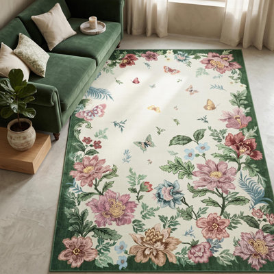 8x10 ft Machine Washable Decorative Area Rug - Butterfly and Floral Print Carpet for Bedroom, Soft Velvet Pile, Non-Slip TPR Backing, Beige