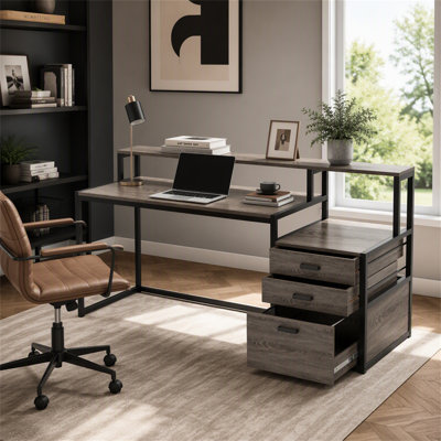 Bureau d'ordinateur de 63 pouces, bureau ergonomique avec tiroirs et support pour écran