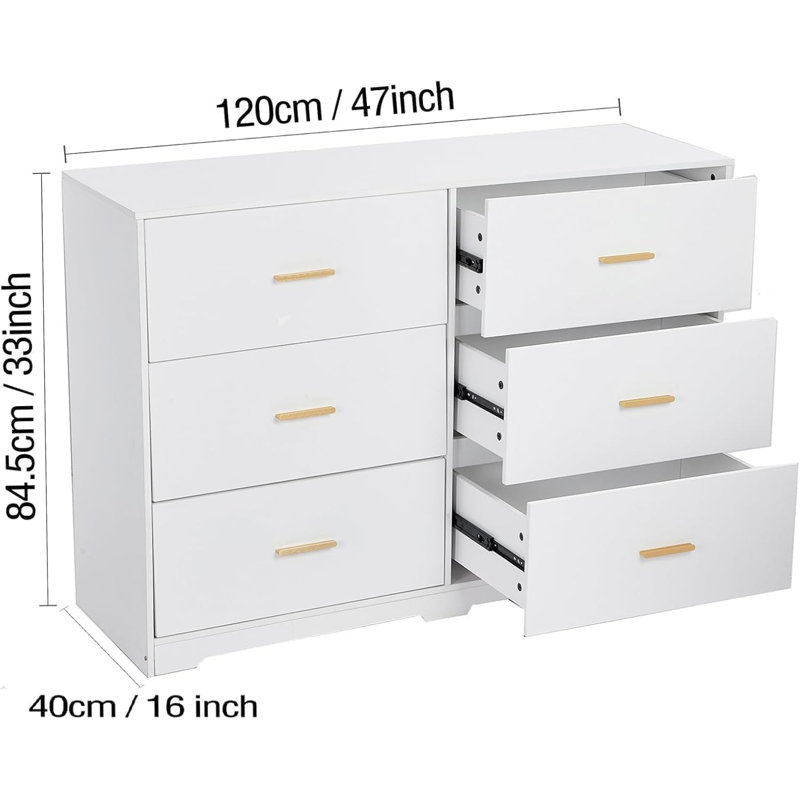 Commode 6 tiroirs Modern, Blanc / Doré
