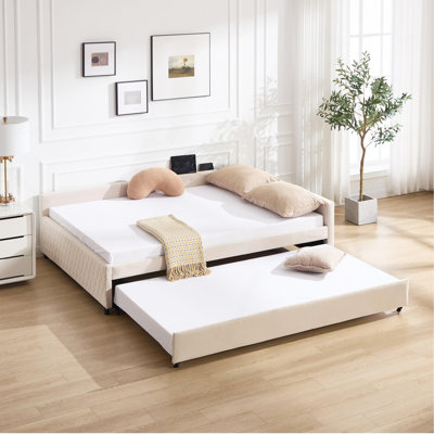 Lit de jour rembourré avec lit gigogne, structure de lit en bois robuste, conception de grille de diamant moderne, pour chambre à coucher, chambre d'amis (beige)