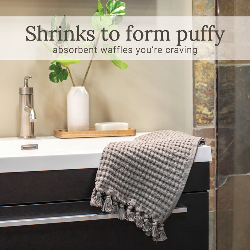 Waffle Tassel Hand Towel Set of 2 – 100% Natural Cotton Quick-Drying, Super Absorbent, Modern Style, Stone
