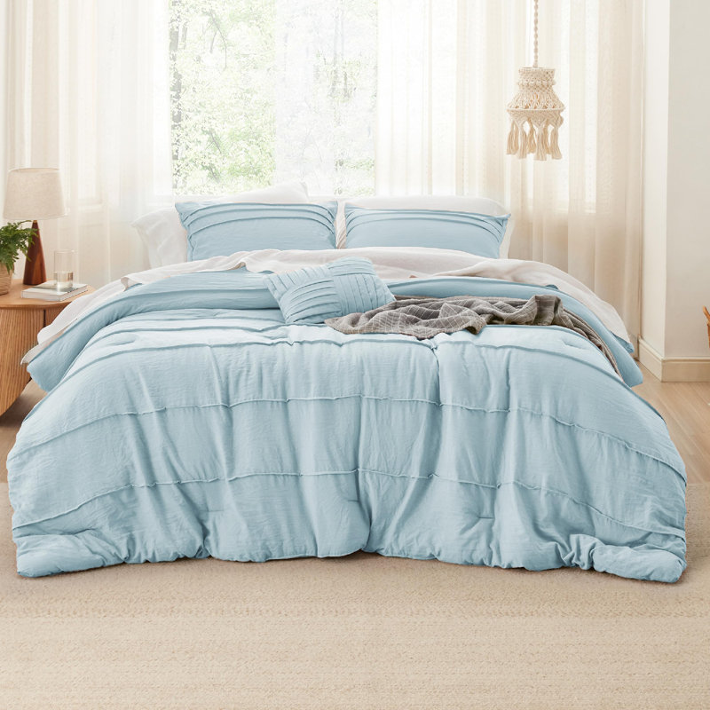 Bedsure Pinch Pleat Comforter Set Boho Bed-in-A-Bag Bedding Set with  Pillowcases for All Season, Sky Blue