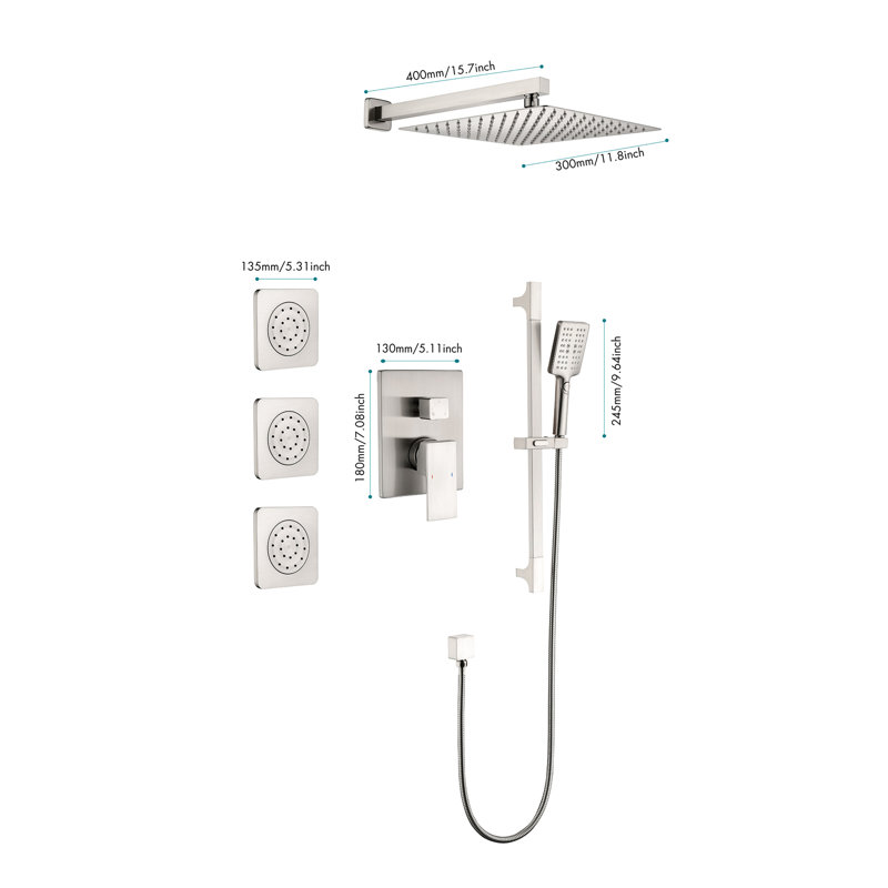 Exquisite Shower System In Brushed Nickel With Head, Hand Shower, Bodysprays Functional Setup Hose, Slide Bar -, White Brass