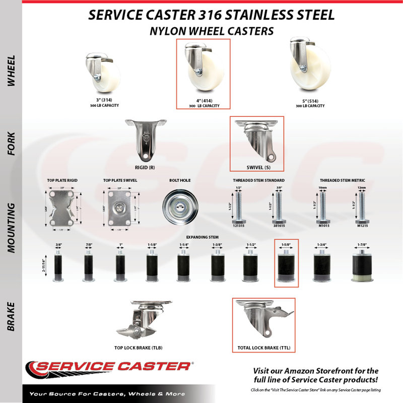 Swivel Stem Caster, 4" H x 4" W