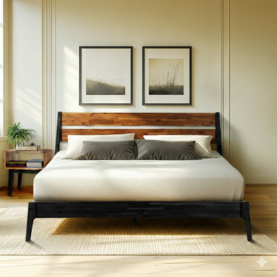2-Pcs Bedroom Set – Solid Wood Platform Bed Frame & Matching Nightstand, Mid-Century Modern Scandinavian, 800 lbs Capacity, No Box Spring Needed